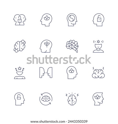 Mindfulness icon set. Thin line icon. Editable stroke. Containing openmind, mindfulness, growth, expectation, bipolar, openminded, intelligence, peaceofmind, wellness, psychology, mentaldisorder.