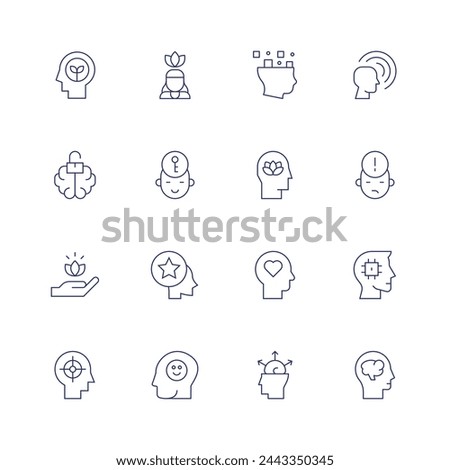 Mindfulness icon set. Thin line icon. Editable stroke. Containing think, mindfulness, openminded, openmind, confident, focus, happiness, adhd, transparency, alert, brain, physicalwellbeing, memory.