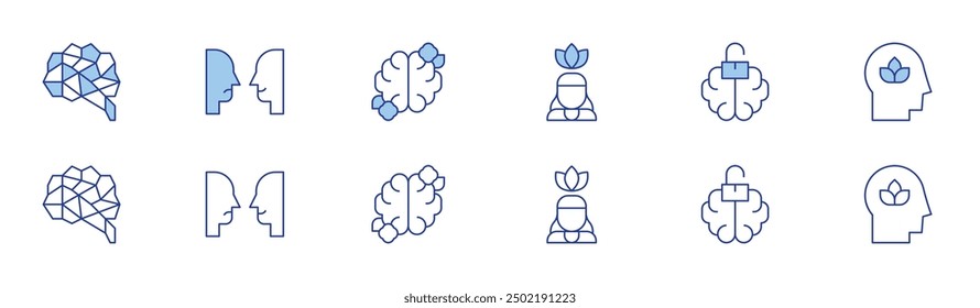 Mindfulness icon set in two styles, Duotone and Thin Line style. Editable stroke. mindfulness, intelligence, openminded, mind, bipolar.