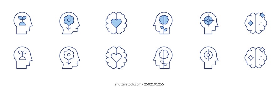 Conjunto de iconos de atención plena en dos estilos, estilo Duotone y línea fina. Accidente cerebrovascular editable. mente, emoción, enfoque, mente positiva, cerebro.