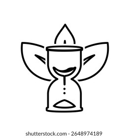 Mindfulness icon. Timer without screen. Natural hourglass with leaves behind. mental health. Outline design style