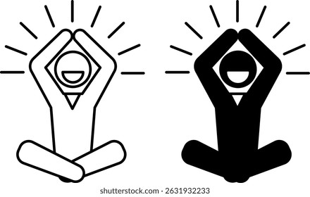 Mindfulness Icons. Black And White Vector Illustrations. Focusing On Experiencing The Present Moment. Man Sitting In Lotus Position With Hands Raised And Smiling. Mental Health Concept
