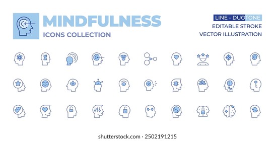 Mindfulness icons collection. Line Duotone style, editable stroke. faithful, confident, openmind, mindfulness, conflict, openminded, selfcontrol, mind, emotional, eye, sensory.