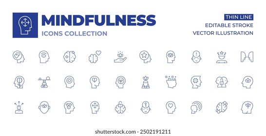 Colección de iconos de atención plena. Thin Line iconos, editable stroke. pensar, mindfulness, mente, mente abierta, mente abierta, extrovertido, logro, adhd, salud mental, bienestar físico.