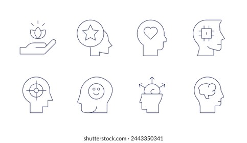 Mindfulness icons. Editable stroke. Containing mindfulness, confident, focus, happiness, brain, physicalwellbeing, memory, openmind.