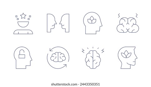 Iconos de atención plena. Trazo editable. Conteniendo mente, expectativa, bipolar, mente abierta, inteligencia, bienestar, trastorno mental, cerebro.