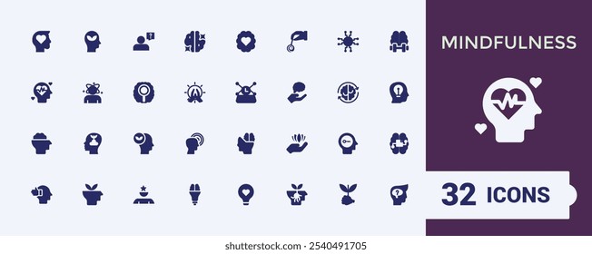 Iconos de atención plena con estilo completo. Relacionado con equilibrio, cuerpo, relajación, emoción, cuidado, mental, atención plena. Píxel perfecto. Ilustración vectorial.