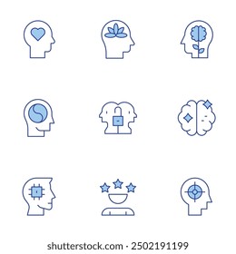 Mindfulness icons set. Line Duotone style, editable stroke. mind, physicalwellbeing, expectation, peaceofmind, focus, openmind, brain, memory.
