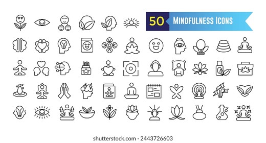 Mindfulness icons set outline vector. Mind stress. Relax peace for ui design isolated. Outline icon collection. Editable stroke.