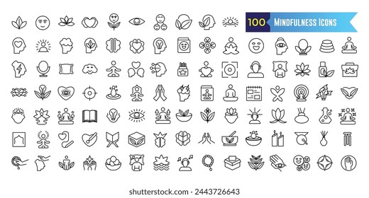 Mindfulness icons set outline vector. Mind stress. Relax peace for ui design isolated. Outline icon collection. Editable stroke.