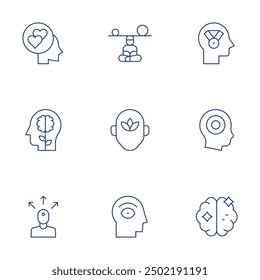 Mindfulness icons set. Thin Line style, editable stroke. faithful, mindfulness, mind, extrovert, eye, achievement, adhd, brain.
