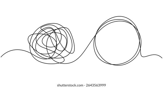 Ideia Mindfulness Conceito Doodle. Vetor de Símbolo Desenhado à Mão, Linha emaranhada caoticamente e nó desatado em forma de círculo. Desvenda caos e bagunça situação difícil. Conceito de psicoterapia de resolução