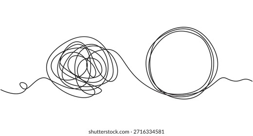 Concepto de idea de atención plena Doodle. Vector de símbolo dibujado a mano, línea enredada caóticamente y nudo desatado en forma de círculo. Desenreda el caos y la difícil situación