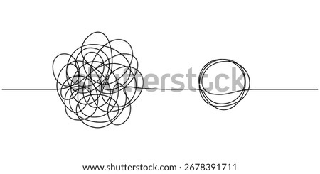 Mindfulness Idea Concept Doodle. Hand Drawn Symbol Vector, Chaotically tangled line and untied knot in form of circle continuous one line drawing, Psychotherapy concept of solving problems is easy. 