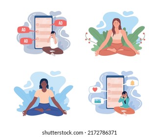 Mindfulness and internet addiction 2D vector isolated illustrations set. Flat characters on cartoon background. Colourful editable scenes for mobile, website, presentation pack. Bebas Neue font used