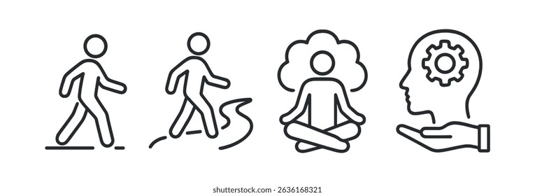 Mindfulness line icon set - meditation, walking, mental health symbols