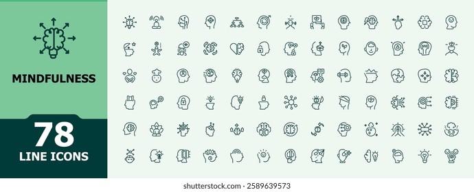 Mindfulness line icons set. Pack of care, brain, yoga, psychology, human, body, lotus, balance. Thin linear style icons. Editable vector icon and illustration. Minimalist vector collections.