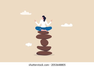 Mindfulness Meditation To Balance Work And Life, Mental Health Healing With Relaxing Yoga, Enjoy Freedom, Peace And Solitude Concept, Calm Peaceful Woman Meditate Sitting On Stack Of Zen Rock Pyramid.