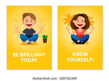 Mindfulness, meditation, balance, yoga posters set. Cartoon people meditates in the lotus position. Smiling woman, happy man, casual clothes. Wellness, mental health concept. Poster, card, brochure