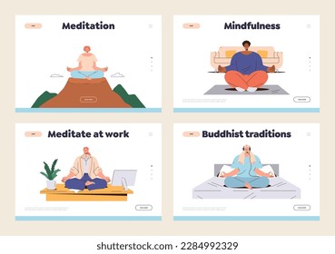 Mindfulness and meditation in Buddhist tradition isolated landing page set with happy calm people. Cartoon women sitting in lotus position and breathing, caring of mental health and emotional balance