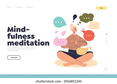 Mindfulness meditation concept of landing page with young woman meditating sitting in lotus position relaxing and recreating. Female practice yoga. Wellness and health. Cartoon vector illustration