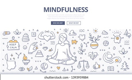 Mindfulness & meditation concept. Woman meditates relaxing in lotus pose. Self-awareness, emotional balance & freedom from stress. Doodle illustration for web banners, hero images, printed materials