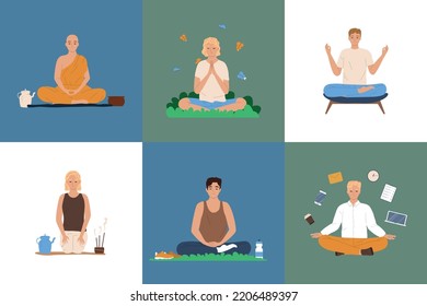 Mindfulness meditation flat set with people meditating in lotus position isolated vector illustration