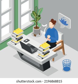 Mindfulness and meditation isometric background composition with indoor view of working place with deeply breathing woman vector illustration