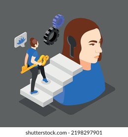 Mindfulness and meditation isometric background with female character carrying golden key gears and keyhole in head vector illustration