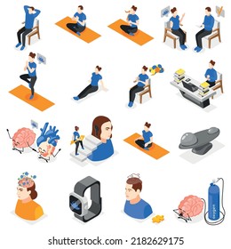 Mindfulness and meditation isometric set of isolated icons with human characters doing yoga with tracking gadgets vector illustration