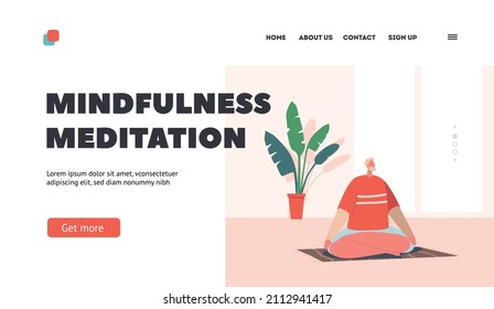 Mindfulness Meditation Landing Page Template. Man Meditating Indoors in Light Hall Sitting in Yoga Asana Lotus Pose. Healthy Lifestyle, Relaxation, Emotional Balance, Zen. Cartoon Vector Illustration