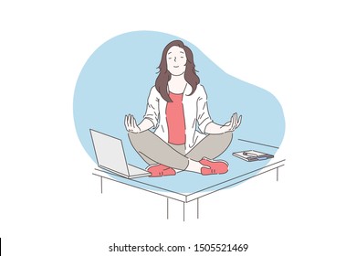 Mindfulness, meditation, mental health concept. Happy business woman or young girl meditating on the desktop in the office. Vector flat design.