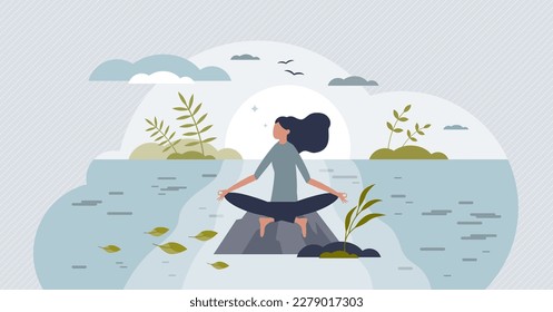 Mindfulness meditation, mental peace and yoga in nature tiny person concept. Calm balance with relaxation and wellness vector illustration. Spiritual mental practice with outdoors lotus posture.