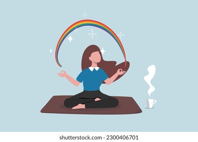 Conciencia o meditación para el bienestar mental, estilo de vida espiritual o pacífico, enfoque y concentración, concepto de yoga o equilibrio mental, atención de la mujer loto sentado con mente tranquila y positiva.