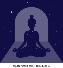 Mindfulness meditation or practice, body scan concept. Female silhouette in arch on night sky and moon light. Meditating woman. Universe and stars inside and around girl. Self care vector illustration