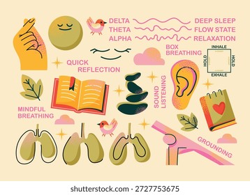 Mindfulness and meditation practice set breathing exercises, brainwave, grounding, sound listening, reflection, and yoga. Flat vector illustration on beige background. Mental wellness concept