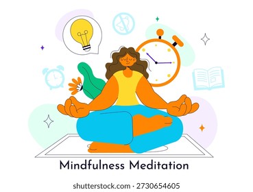 Ilustración vectorial de la práctica de la meditación de la atención plena de una persona con los ojos cerrados y las piernas cruzadas que se relajan en postura del loto de la yoga en fondo plano