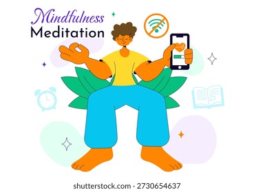 Ilustración vectorial de la práctica de la meditación de la atención plena de una persona con los ojos cerrados y las piernas cruzadas que se relajan en postura del loto de la yoga en fondo plano