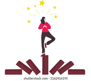 Mindfulness Meditation Relax To Reduce Stress And Eliminate Distraction, Calm To Build Energy Or Spiritual Wellness Concept, Success Woman Relax And Meditating With Yoga Pose On Standing Domino.