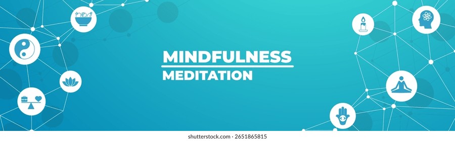 mindfulness and meditation and relaxation concept – connected icons related to mindful living, awareness, stress-relief - vector illustration.