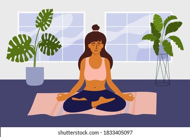 Mindfulness meditation or training at home. Young woman in lotus pose meditating in apartment living room. Girl sitting crossed legs on floor. Relax yoga, breath control. Self care vector illustration