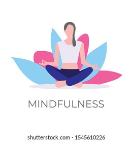 Mindfulness and meditation vector illustration. Girl sitting in a lotus yoga pose with a lotus flower on background. Isolated on white.