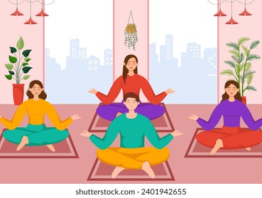 Mindfulness Meditation Vector Illustration of Person with Closed Eyes and Crossed Legs and Relaxation in Yoga Lotus Posture Flat Background