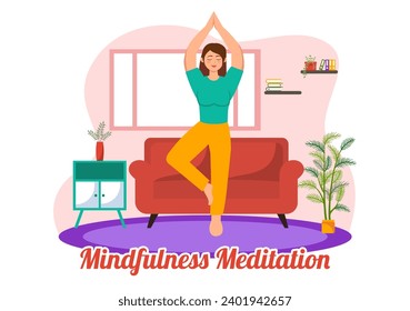 Mindfulness Meditation Vector Illustration of Person with Closed Eyes and Crossed Legs and Relaxation in Yoga Lotus Posture Flat Background