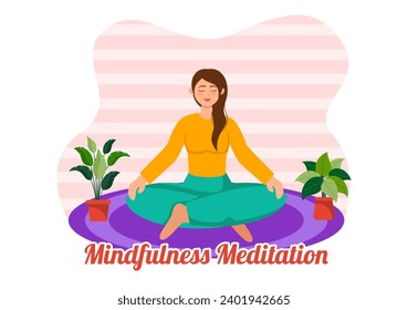 Mindfulness Meditation Vector Illustration of Person with Closed Eyes and Crossed Legs and Relaxation in Yoga Lotus Posture Flat Background