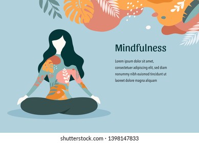 Mindfulness, meditation and yoga background in pastel vintage colors with women sit with crossed legs and meditate. Vector illustration 