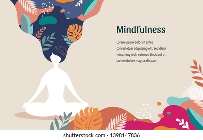 Mindfulness, meditation and yoga background in pastel vintage colors with women sit with crossed legs and meditate. Vector illustration  svg