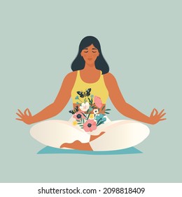 Mindfulness, meditation and yoga background in pastel vintage colors with women sit with crossed legs and meditate. Vector illustration.