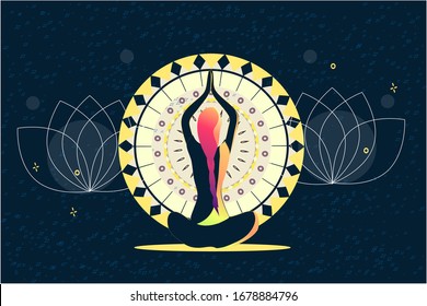 Mindfulness, meditation and yoga background with women sit with crossed legs and meditate.Young woman sits in lotus pose of yoga. galaxy and stars outside the girl. Free mind concept. Vector .