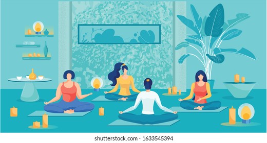 Mindfulness Meditation and Yoga Class. Cartoon Women Sitting in Lotus Position and Doing Breathing Exercise. Spiritual Practice and Retreat with Instructor. Healthy Lifestyle. Vector Flat Illustration